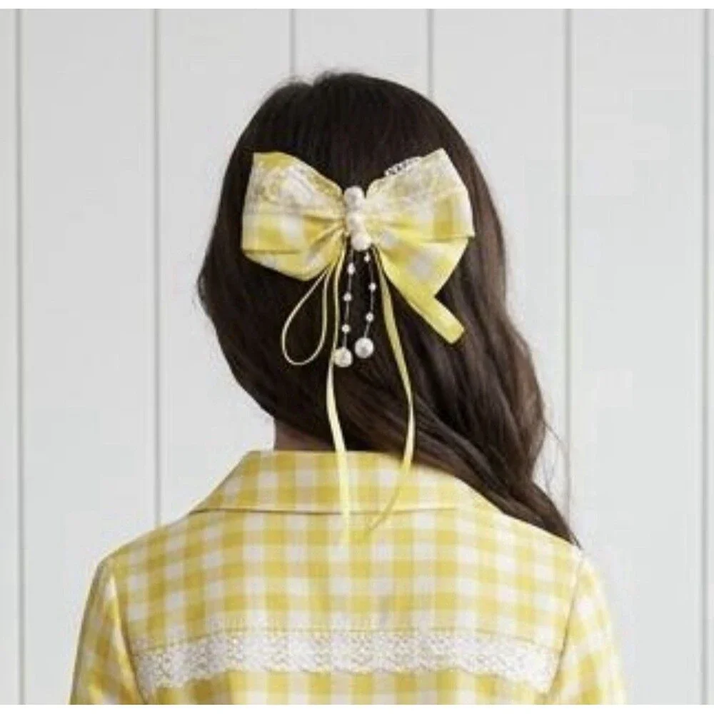 Hair Bow Clip Yellow Hairpin Wih Beads For Girls